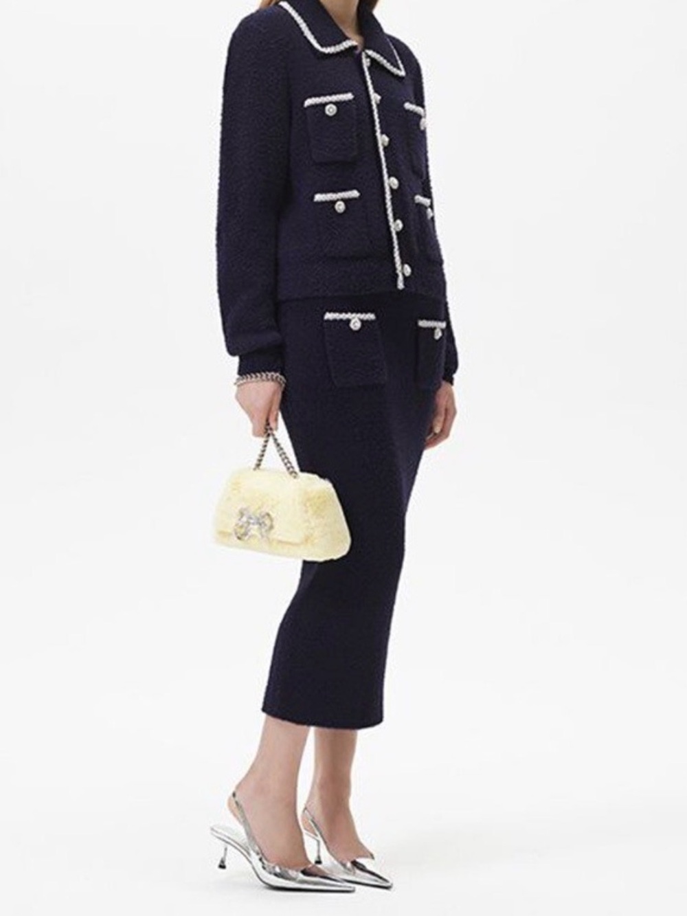 Self-Portrait Black Knit Jacket with Gold Trim